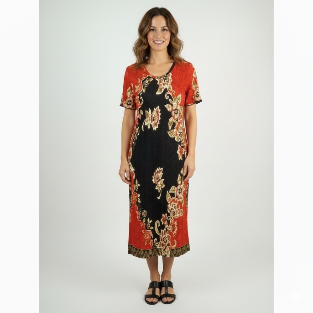 Vintage Ultra Dress Women 8‎ Red Black Crinkle Stretch Floral Midi Short Sleeves